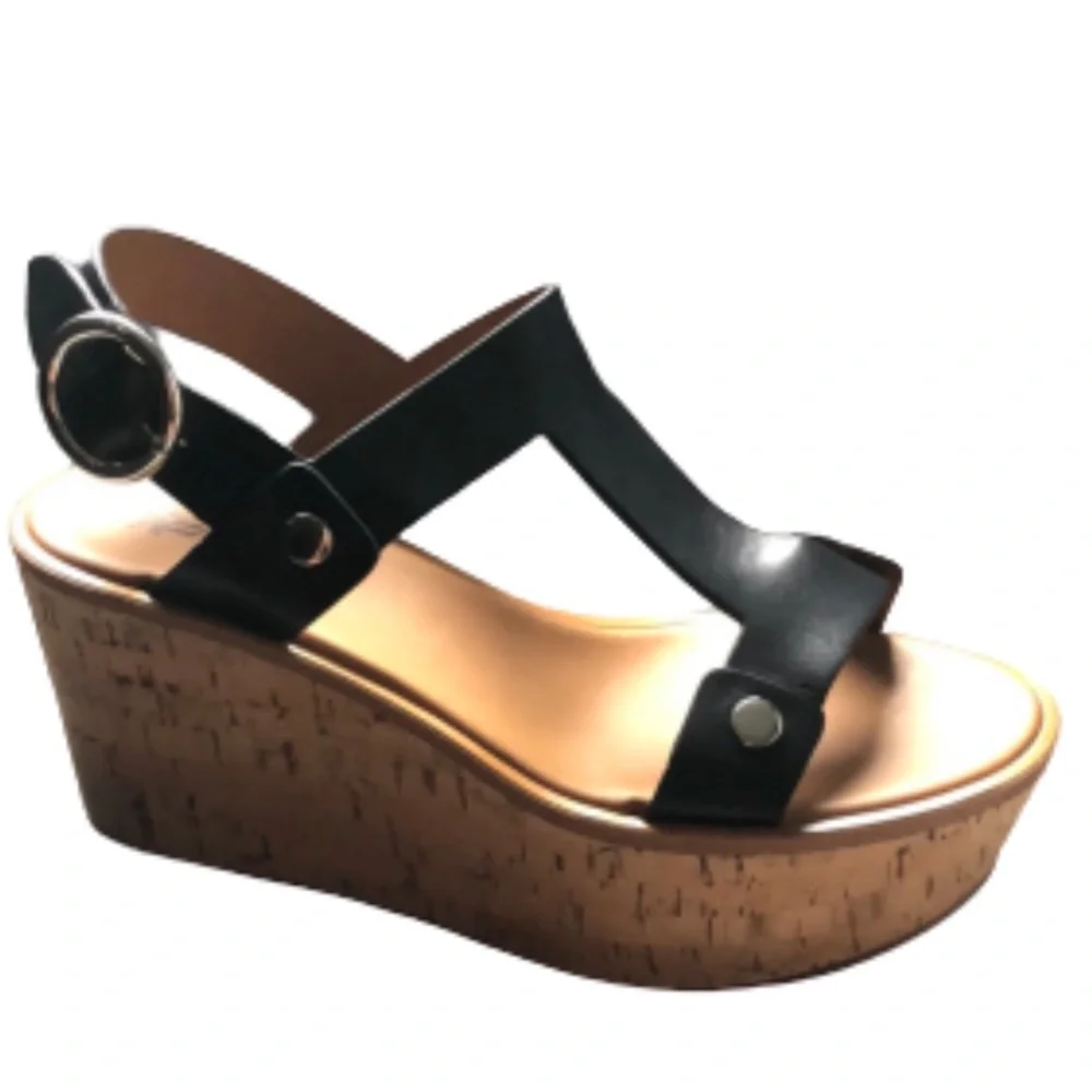 Frye Black Leather Cork Wedge Sandals - Picture 2 of 10